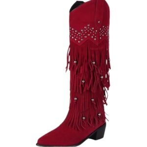 Red Suede Knee High Boots Fringe Rivots Block Heel Western Wide Calf Pull-on